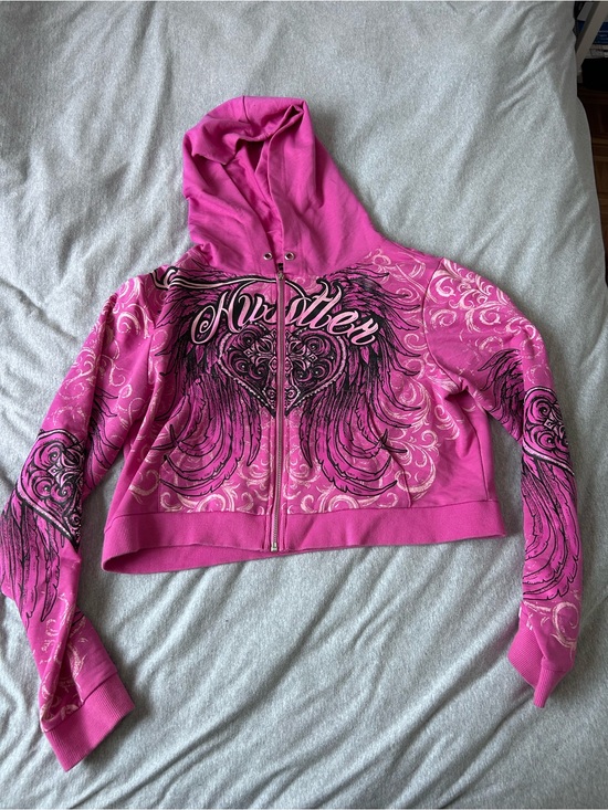 Dolls Kill Tops - DOLLSKILL Hot Pink Zip-Up Hoodie with Graphic Wings and Heart Design